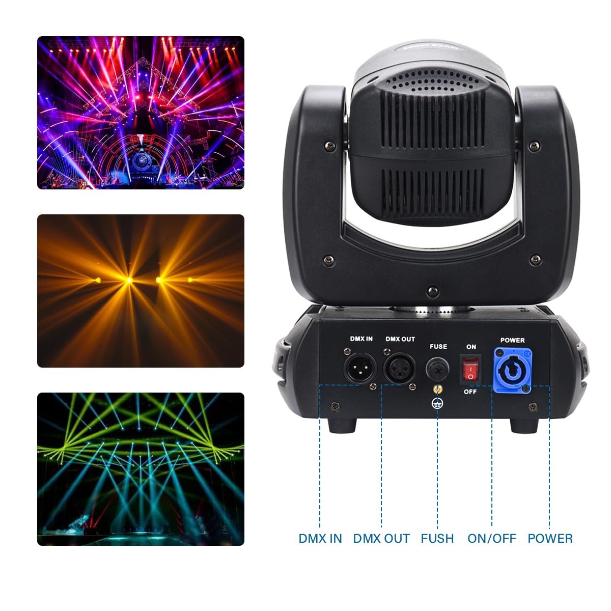 100W Moving Head LED Beam DMX Stage Light with 8 Colors 8 Gobos Rotating Prism E
