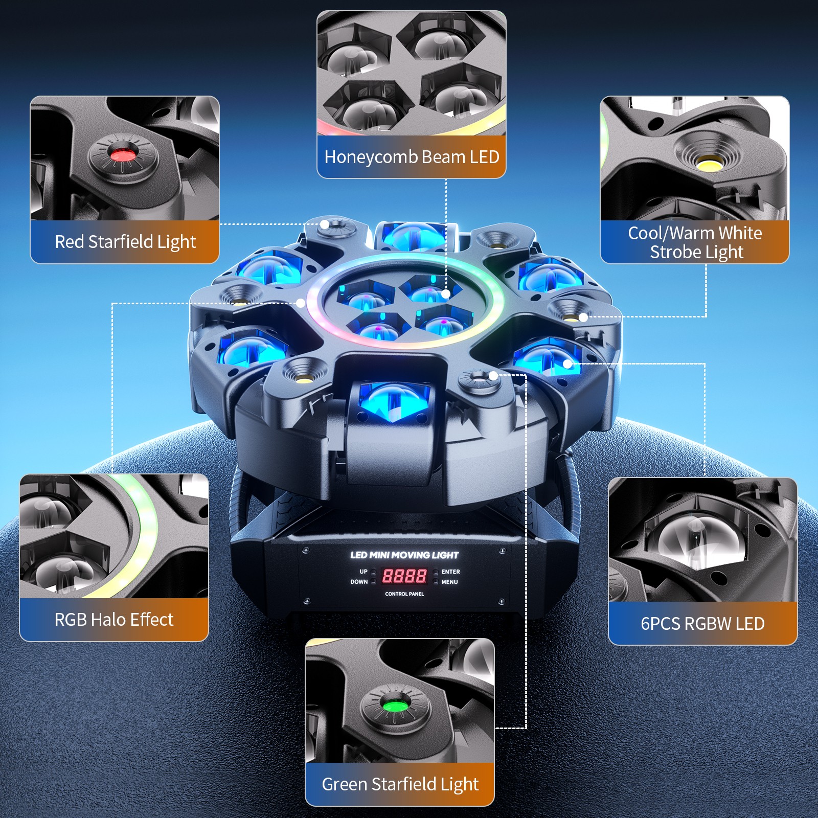 6-Arm LED Moving Head Light RGBW Laser Starfield Honeycomb Projection, DMX Sound