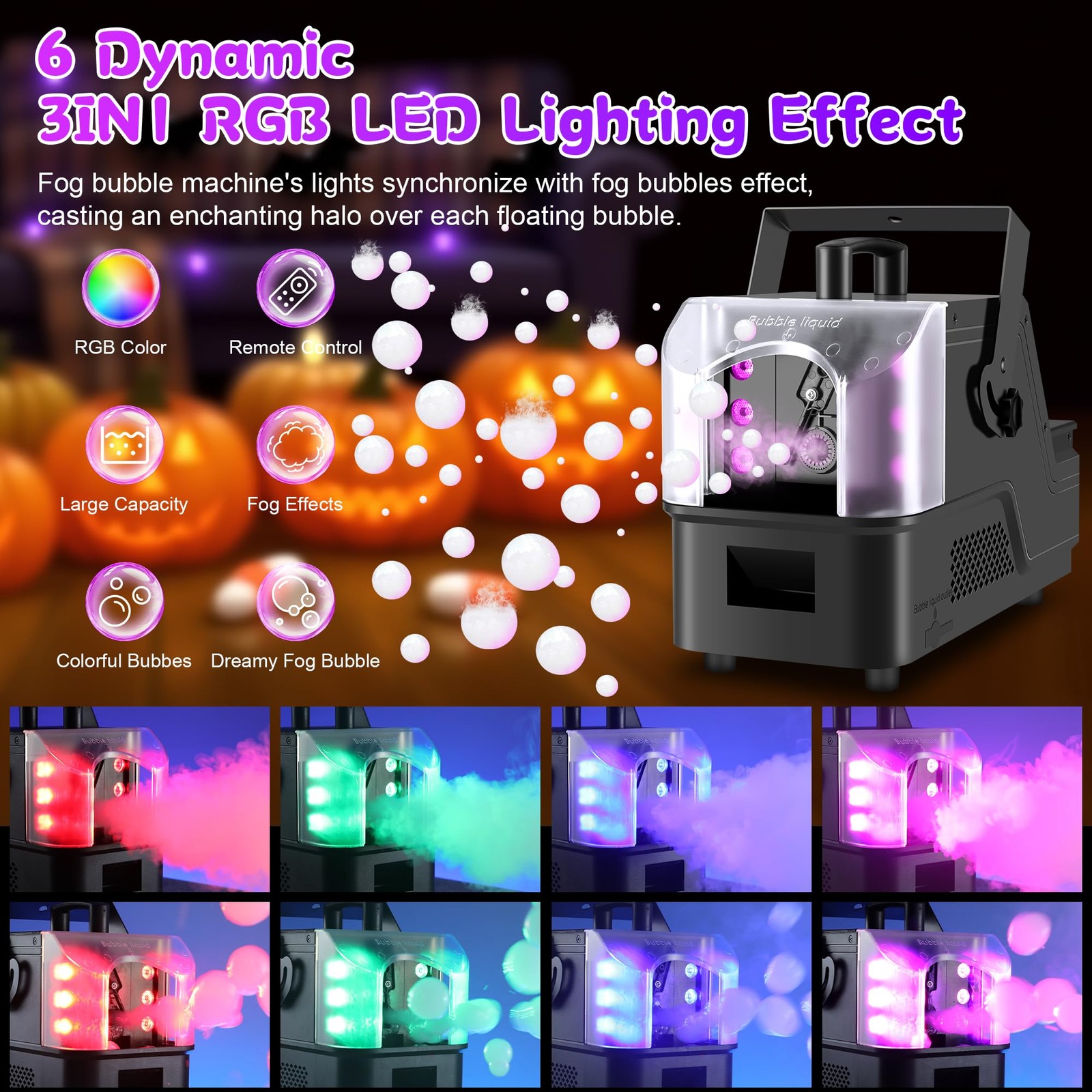Fog Bubble Machine,900W 3IN1 Smoke Bubble Machine Maker with 6 Dynamic RGB LE…
