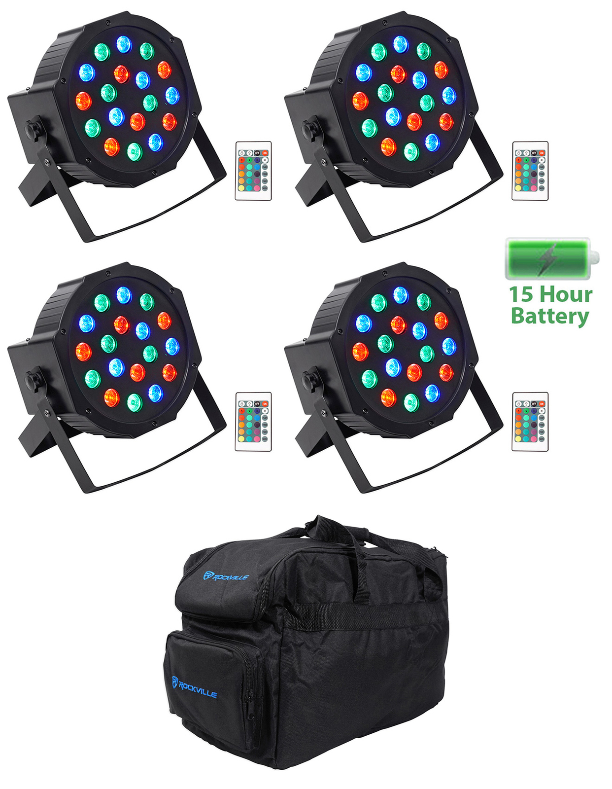 (4) Rockville BATTERY PAR 50 Rechargeable LED DMX DJ Wash Up-Lights+Remotes+Bag