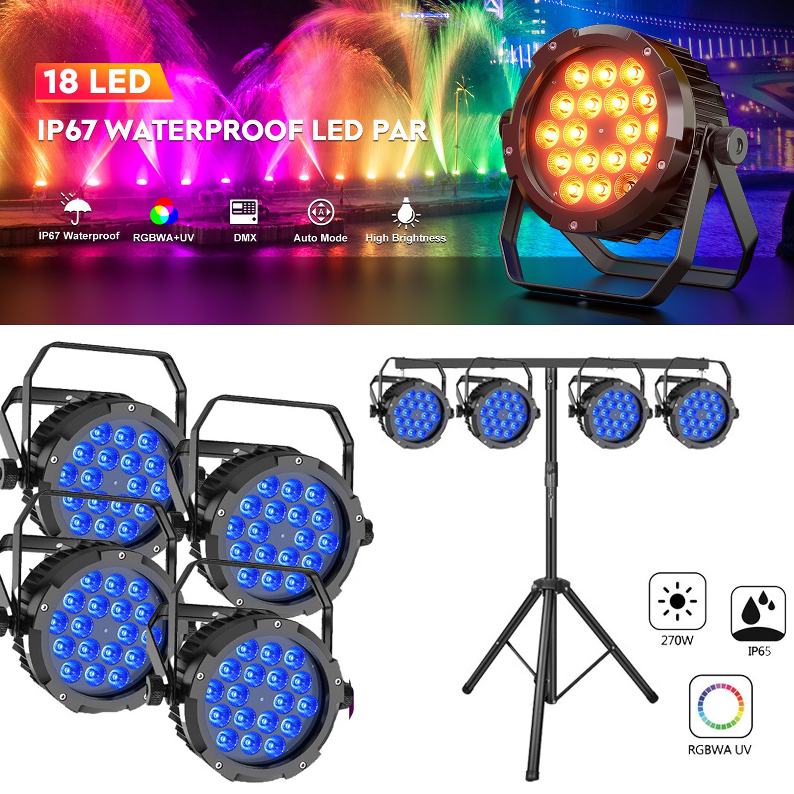 10PCS 18LED Par IP65 Waterproof Stage Lights DMX Outdoor Concert Show Disco