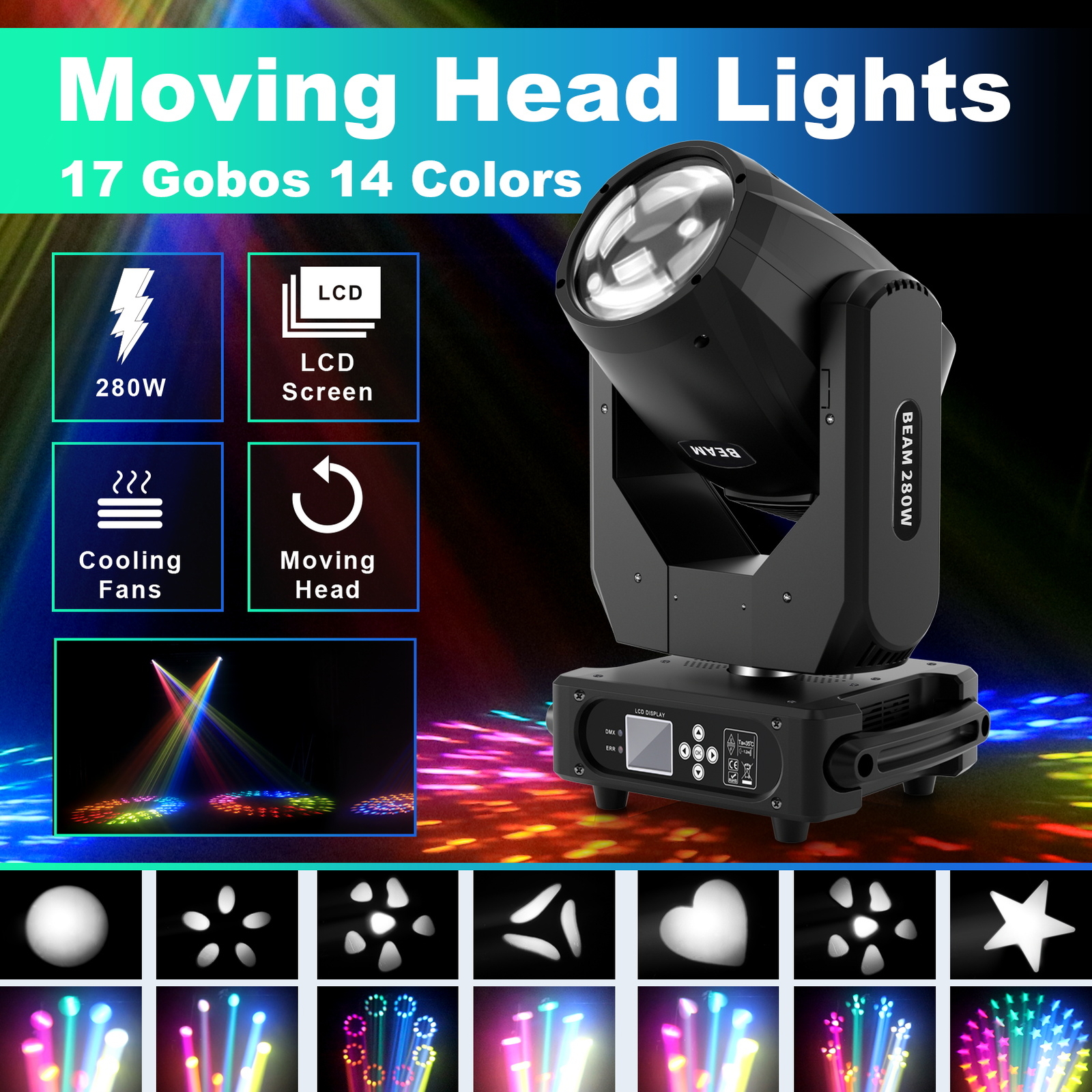 UKING 2Pcs 280W 10R Beam Moving Head Light with Flightcase RGBW Gobo Spot