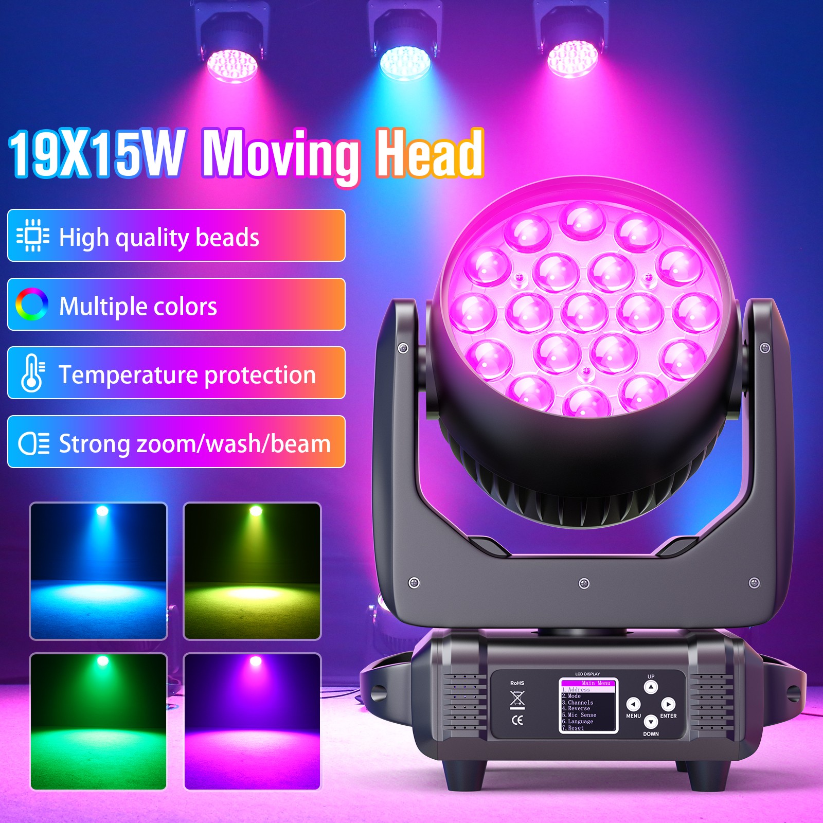 19LED 285W Beam Moving Head Light Zoom Wash RGBW Disco Stage Lighting for Party