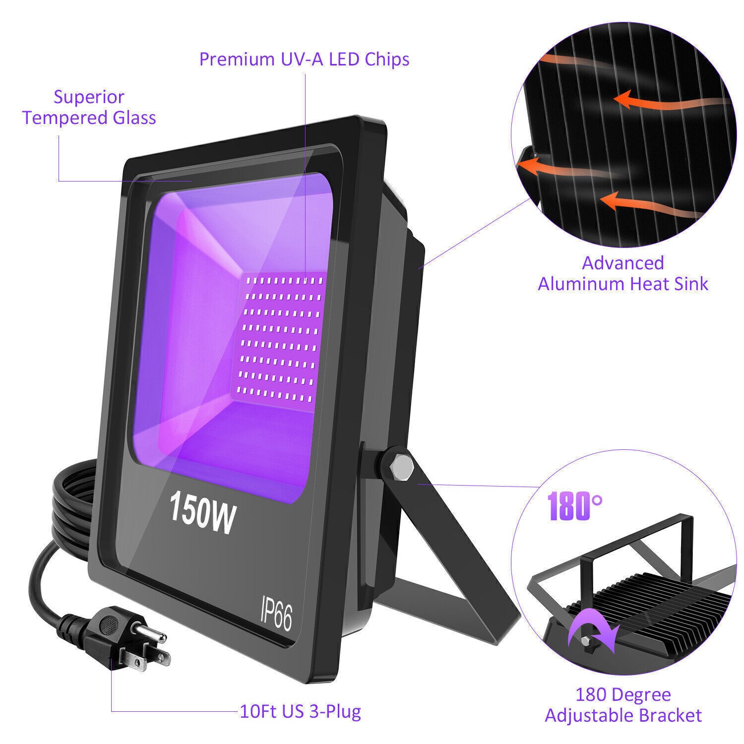 4-Pack 150W LED Black Lights Purple Light with 10ft Cable for Music Dance Stage