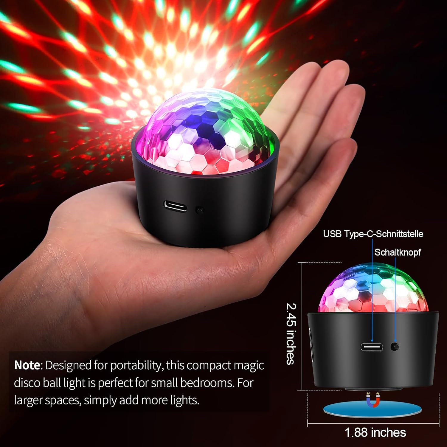 Mini Disco Ball Light,Rechargeable Party Lights,Sound Activated Strobe DJ Light,