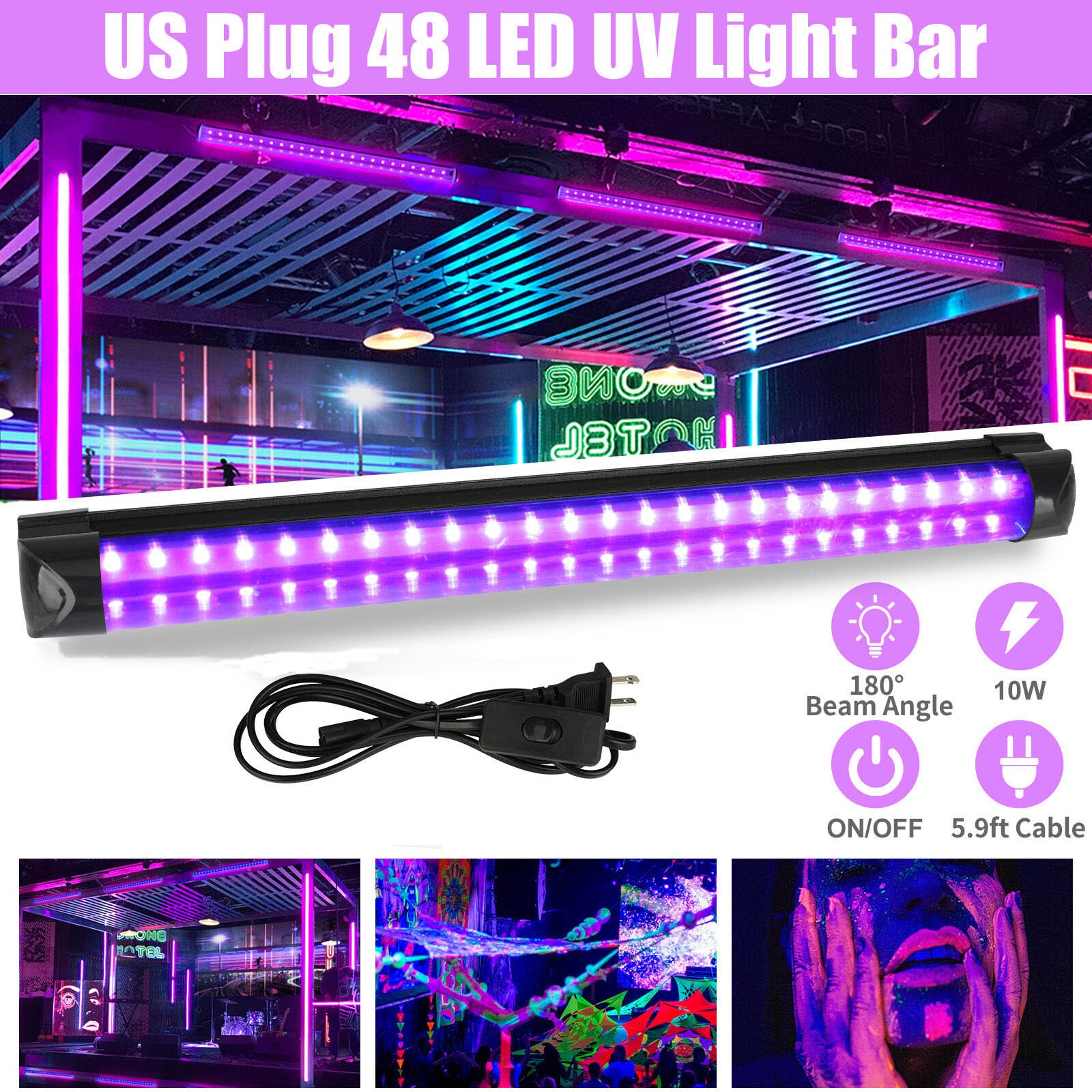 48 LED UV Black Light Bar Fixtures Ultraviolet Lamp Strip US Plug DJ Party Club