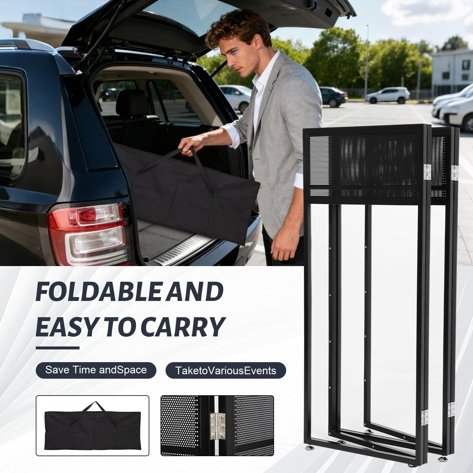 Portable DJ Booth Table Station 44×42.2×20.6, Foldable Metal Frame DJ Facade