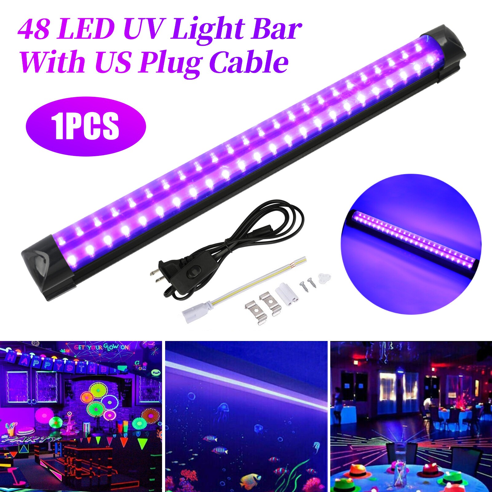48 LEDs UV Light Bar Blacklight Fixtures Ultraviolet US Plug Strip DJ Party Club