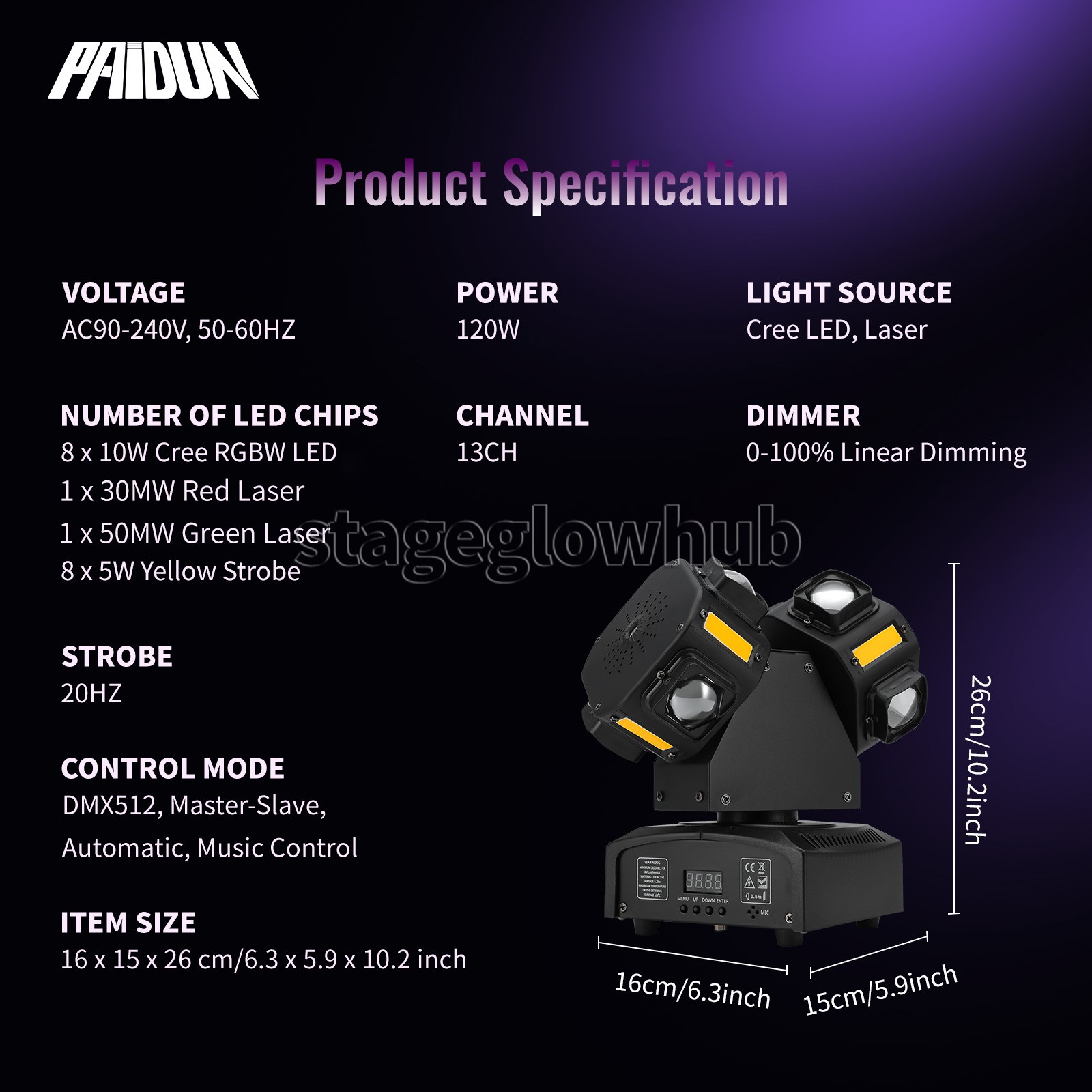 PAIDUN 120W RGBW Laser Moving Head Stage Light Rotation Beam Strobe DJ Disco Bar