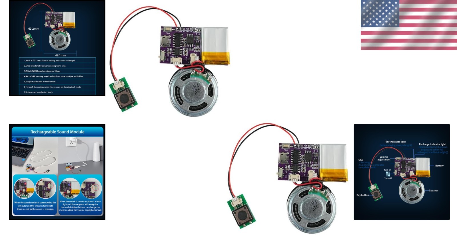 Lightweight MP3 Sound Module with Custom Recording & Rechargeable Battery