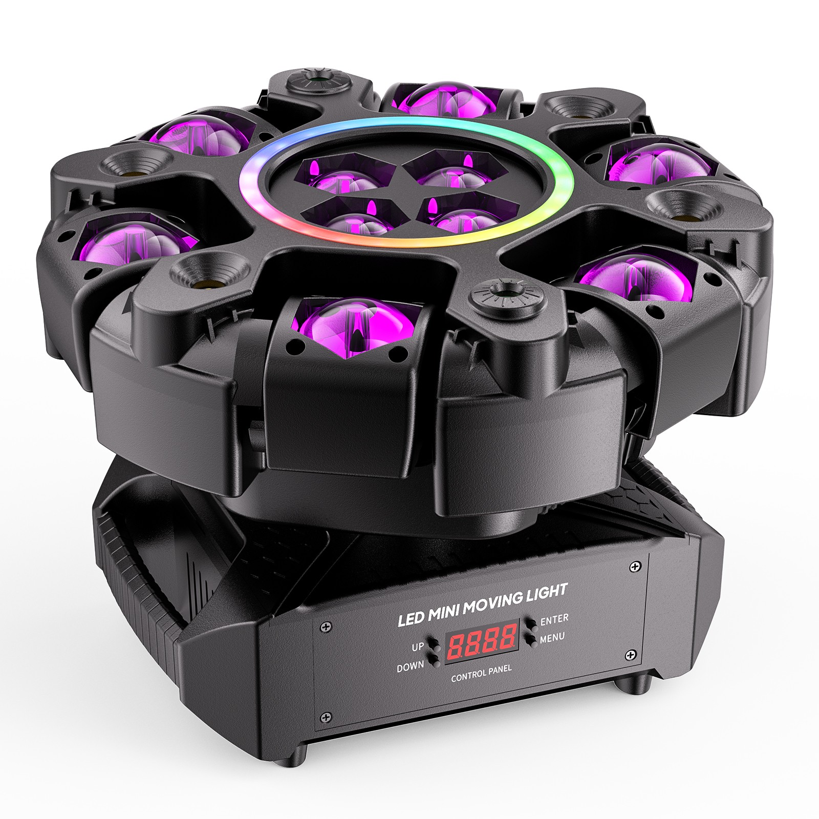 6-Arm LED Moving Head Light RGBW Laser Starfield Honeycomb Projection, DMX Sound