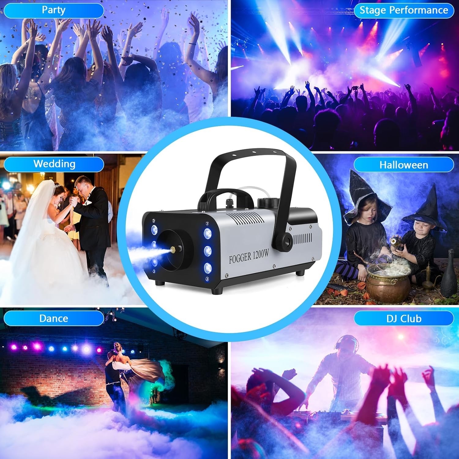 1200W Fog Machine with RGB 6LEDs Lighting Smoke Haze Generator Stage Effect E…
