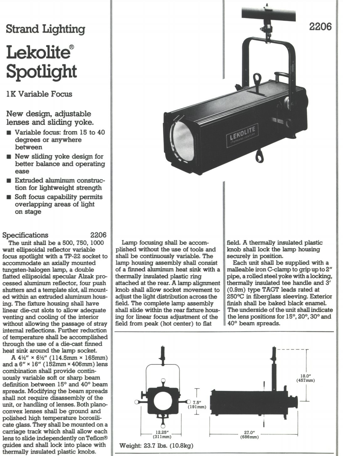 Strand LEKOLITE 6″ 1K Zoom Focus Stage Light 2206 w/ Clamp, Cable, Yoke [D3FL]