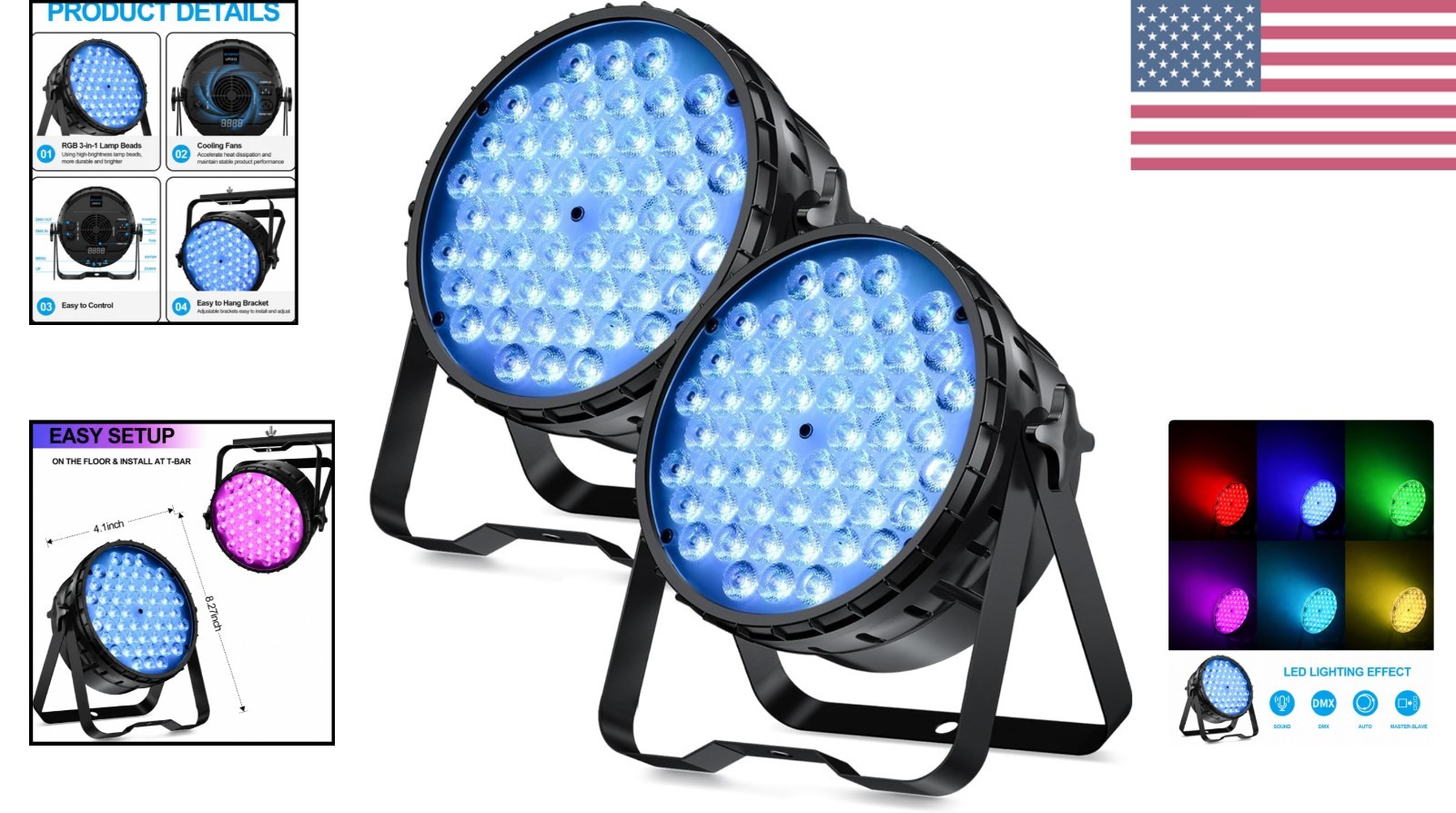DJ Light 2 Pack, 54x3W LED Par Lights, DMX Stage Lights Sound Activated, Stro…
