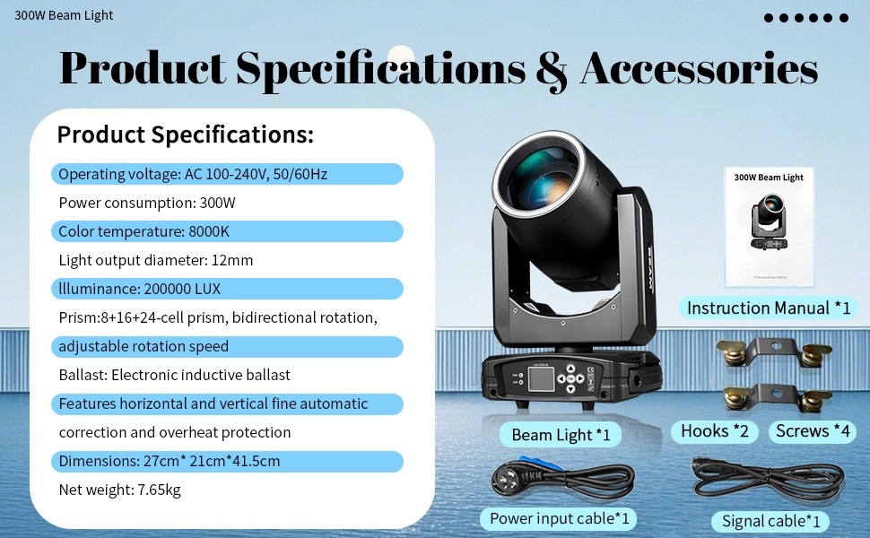 MINGJIE 300W Moving Head Stage Light, 48-Facet Prism Lighting 15 Gobos 15 Colors