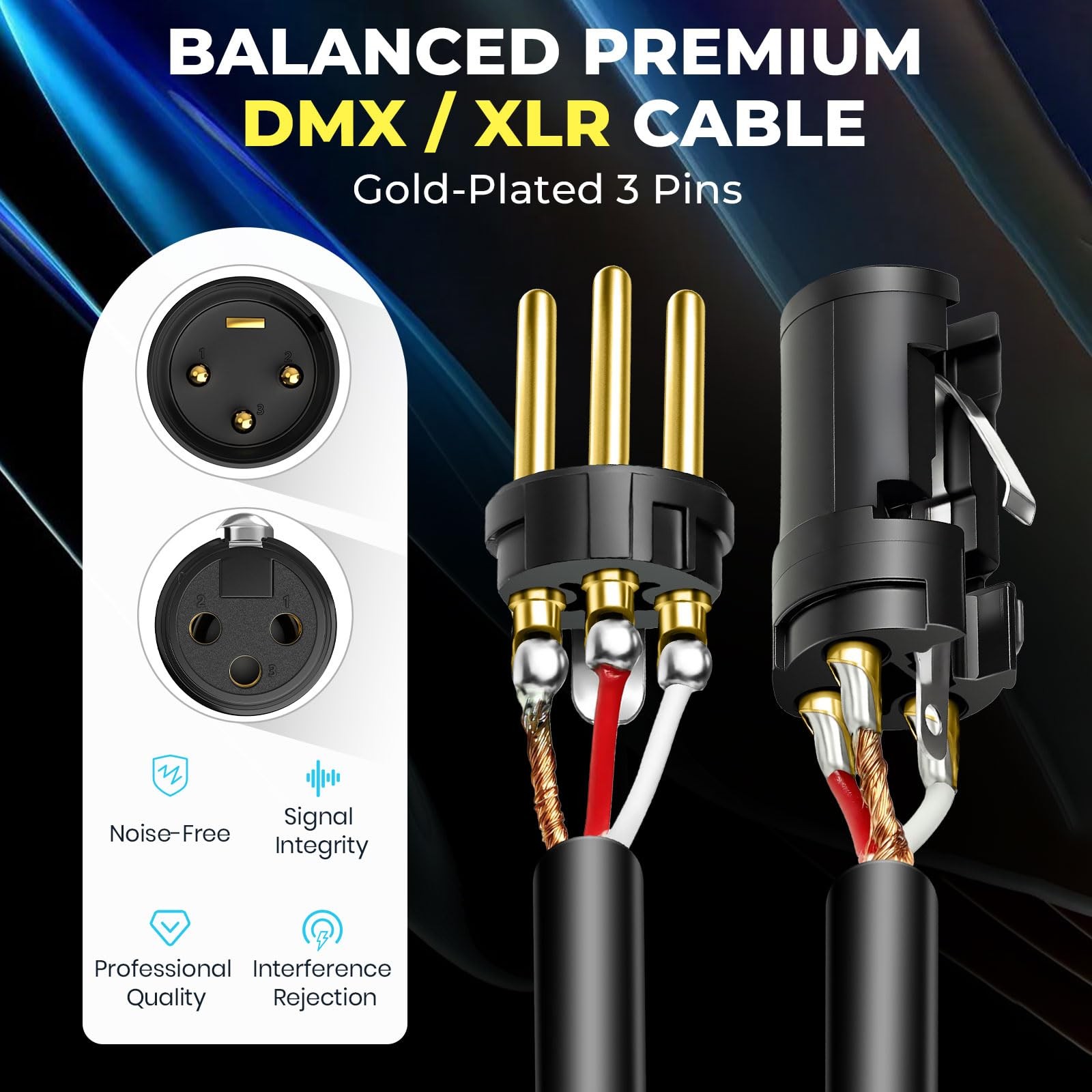 DMX Cable 10ft Gold Plated XLR Male Female Stage Light Black Orange 2 PCS