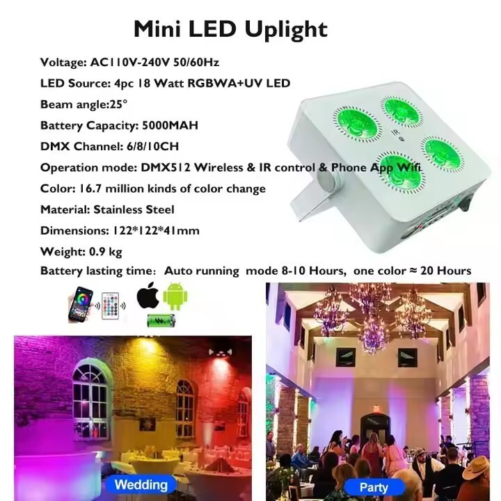 10+Case/4x18w RgbwaUv Wireless Wifi Dmx Mini LED Uplight 5000mAh Battery DJ Par