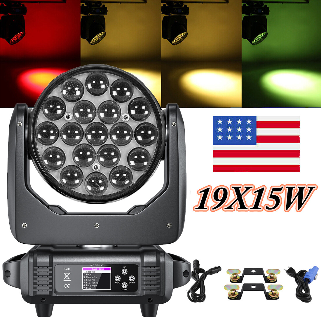 19x15W LED Zoom Moving Head Stage Light RGBW Beam Wash Lighting for DJ Disco Bar