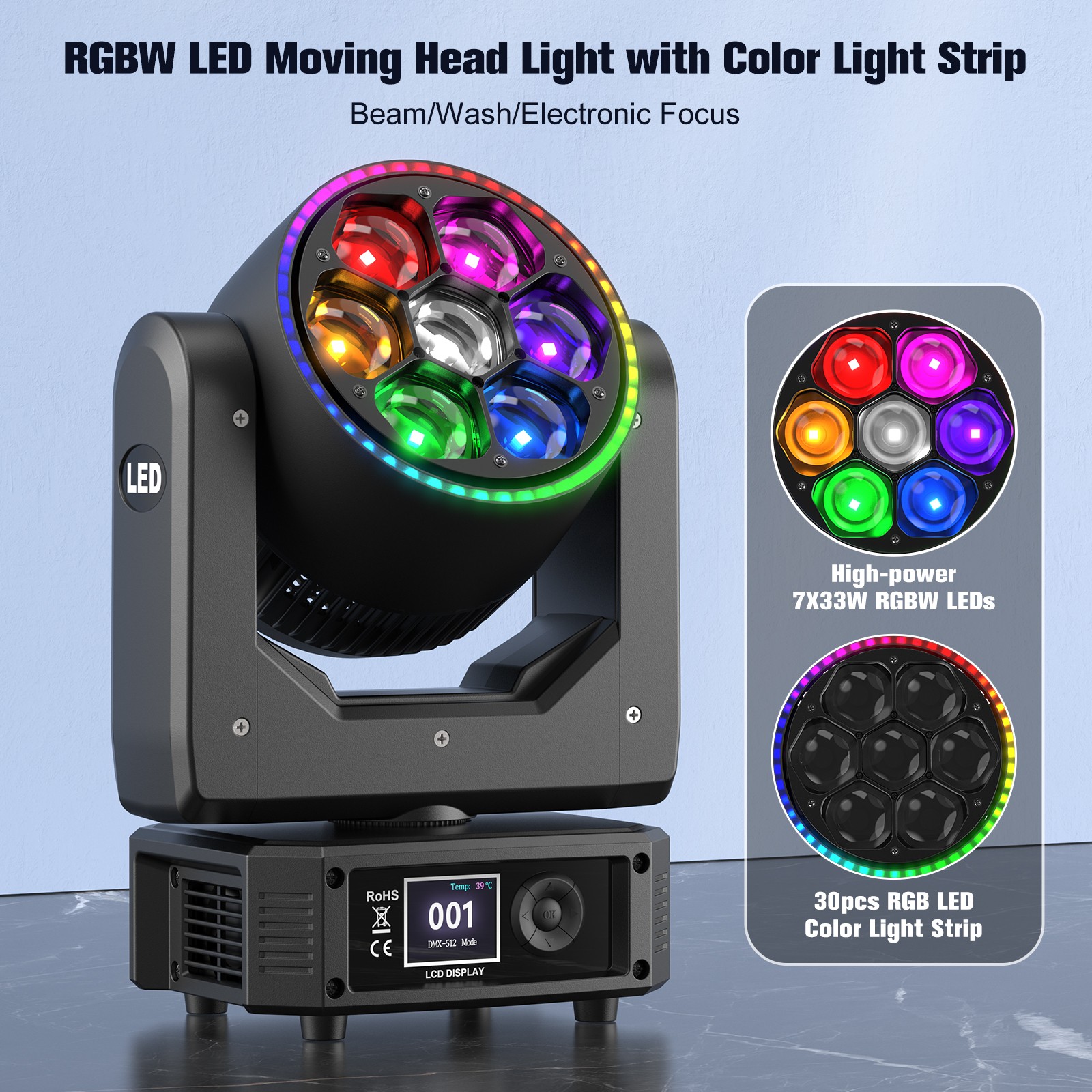 7 LED RGB Stage Lights Moving Head Stage Light Adjustable Party Concert Lighting