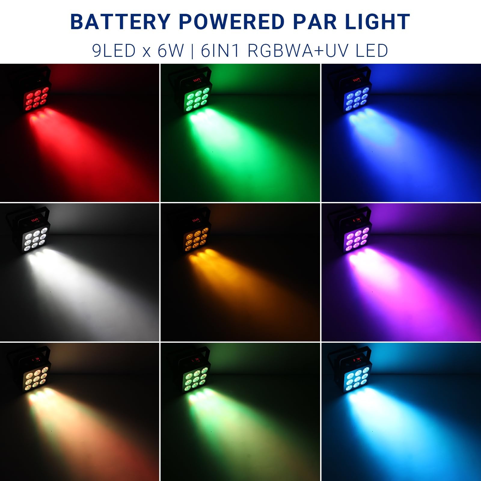 Rechargeable 54W RGBWA+UV Stage Par Lights – Wireless DMX & Remote Control