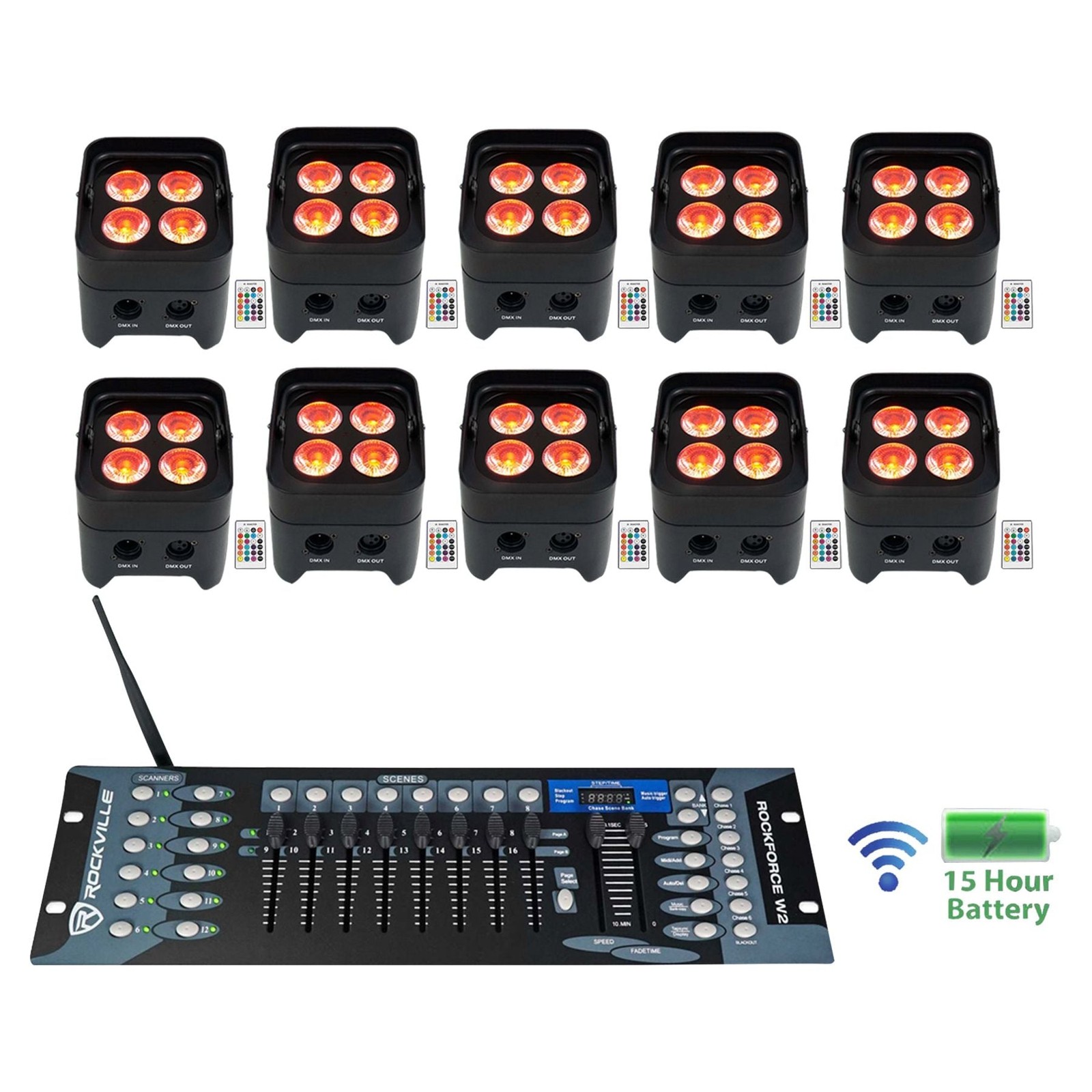 (10) Rockville BEST PAR 50 Battery Wash Lights Wireless DMX+Controller+RGBWA+UV