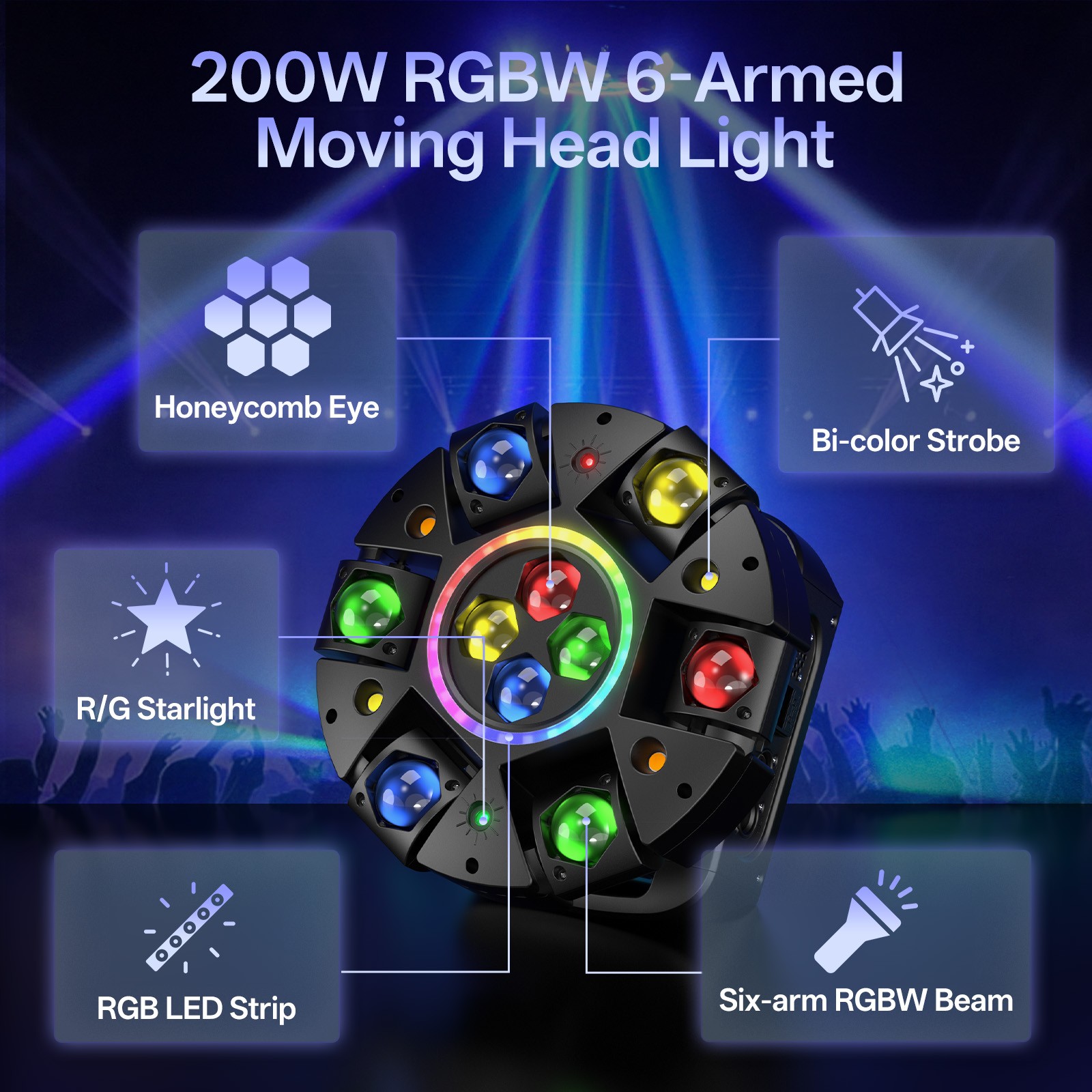 200W Bee Eye 6-Arm Moving Head Laser Light DMX Club Live Show Stage Effect Lamp