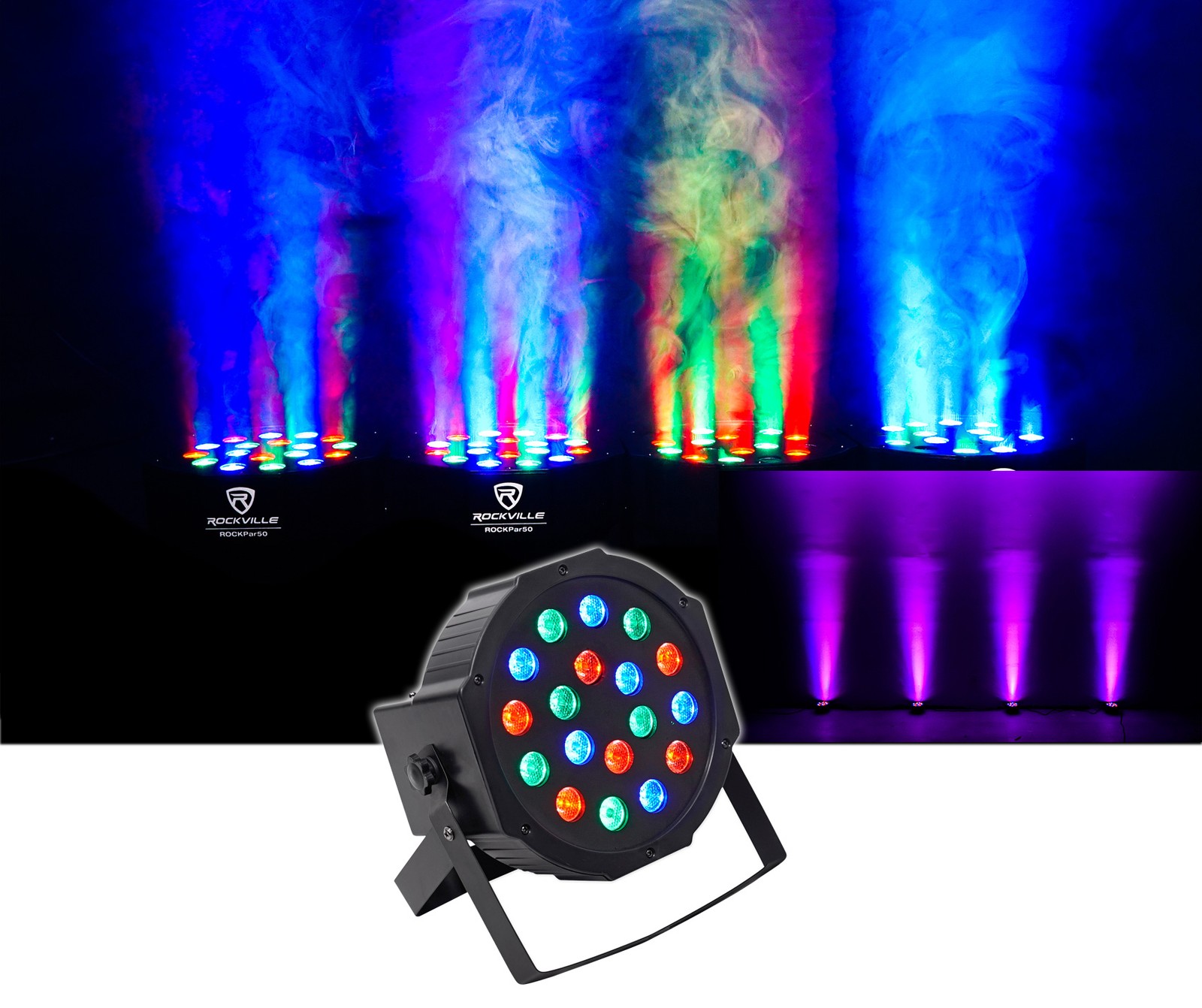 (10) Rockville RockPAR50 LED RGB Compact Par Can DJ/Club DMX Wash Lights+Cables