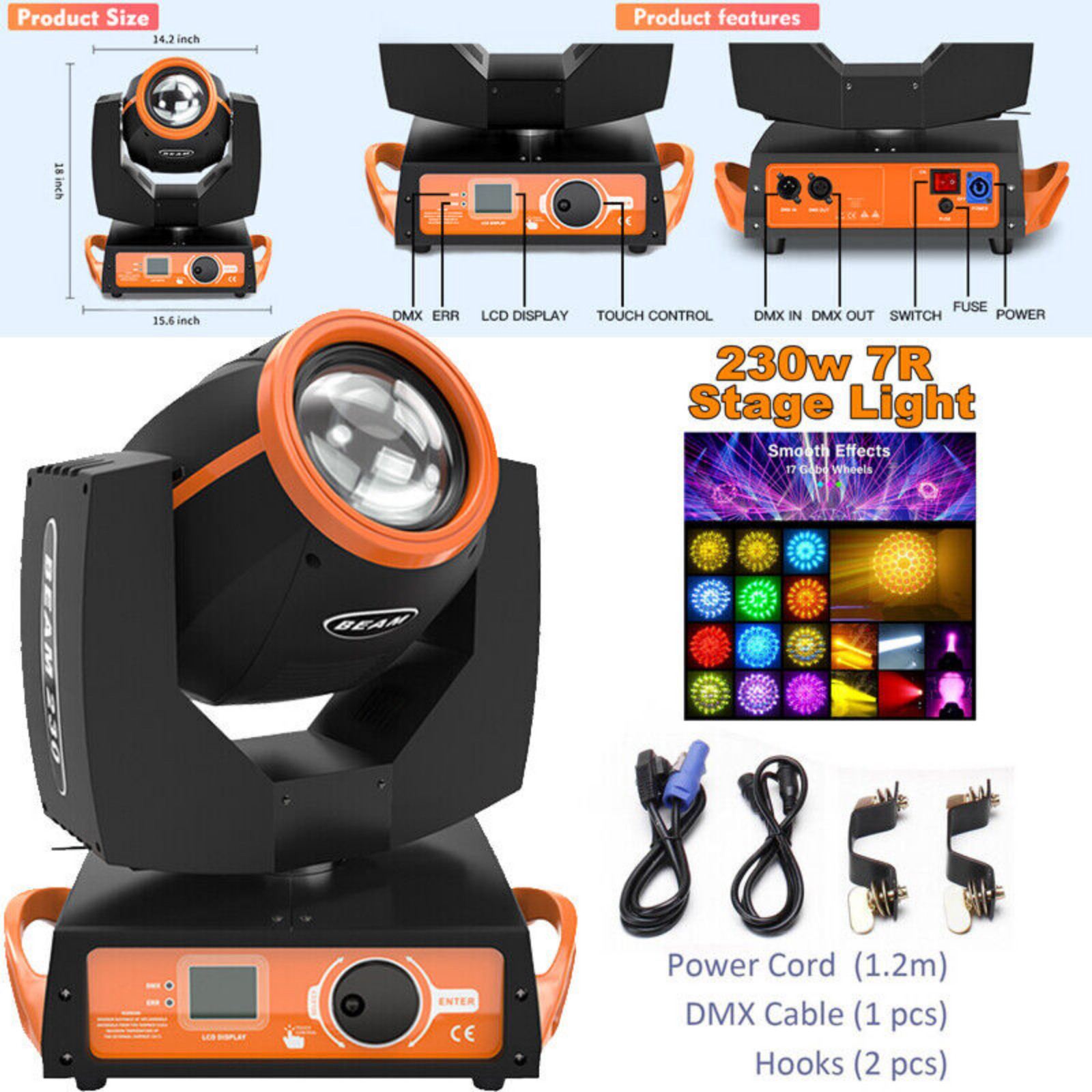 2PC 230W 7R Zoom Moving Head Beam Sharpy Light Prisms Strobe DMX 16Ch Bar Lights