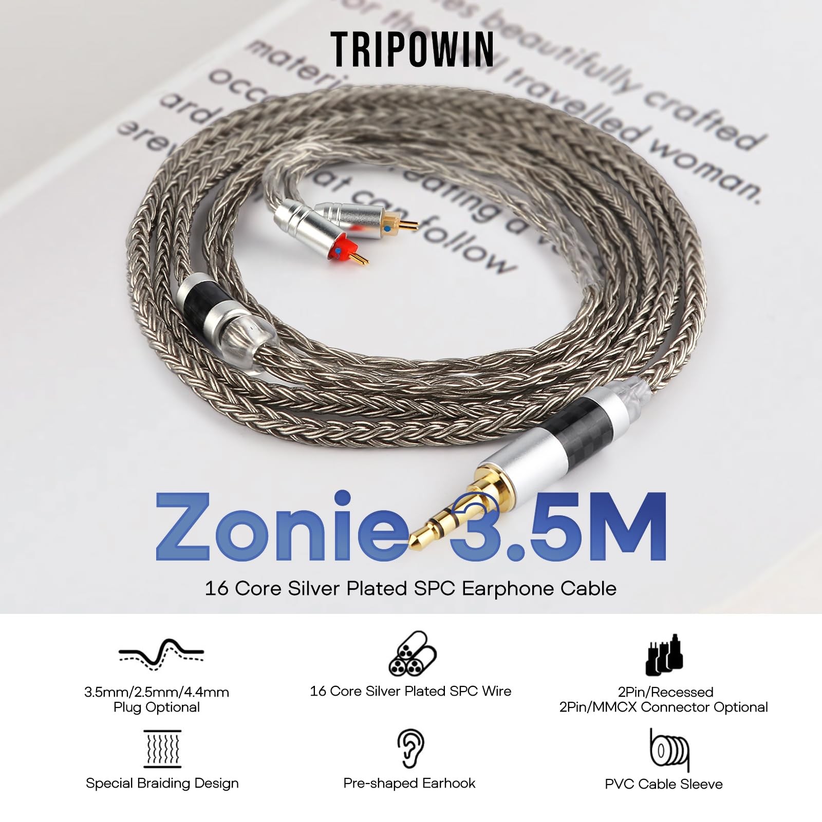 Tripowin Zonie 16-Core SPC IEM Cable 2-Pin 0.78mm 3.5mm Plug Grey