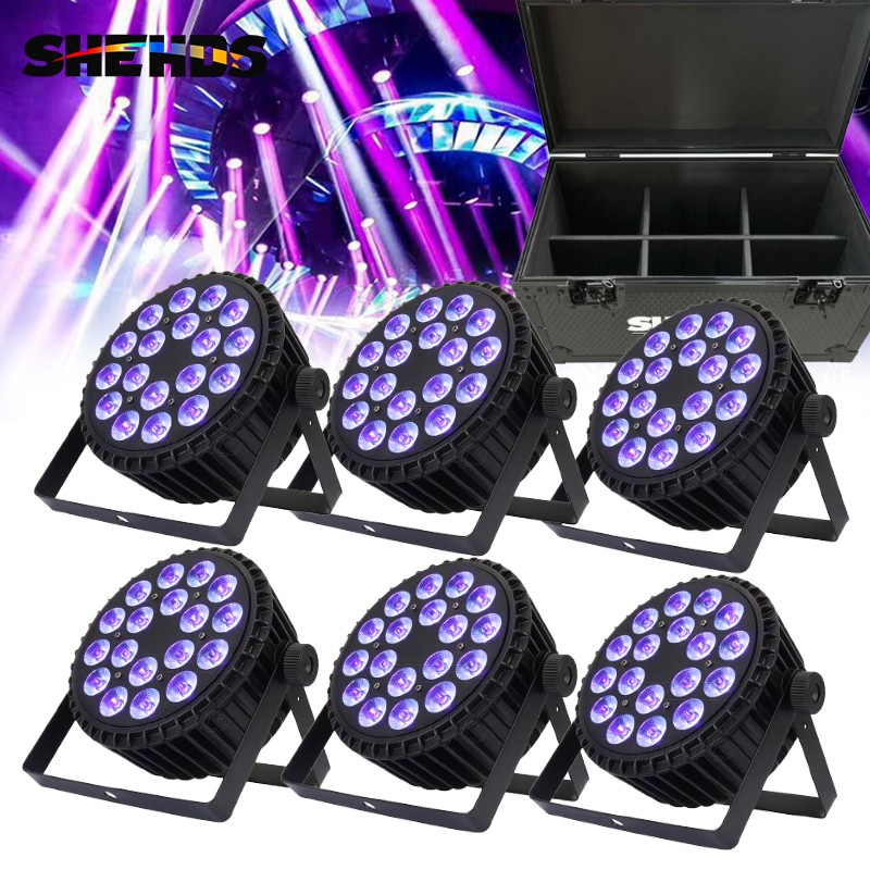 SHEHDS 6Pcs LED 18x18W Aluminum RGBWAUV Flat Par Light With Flightcase DJ Disco