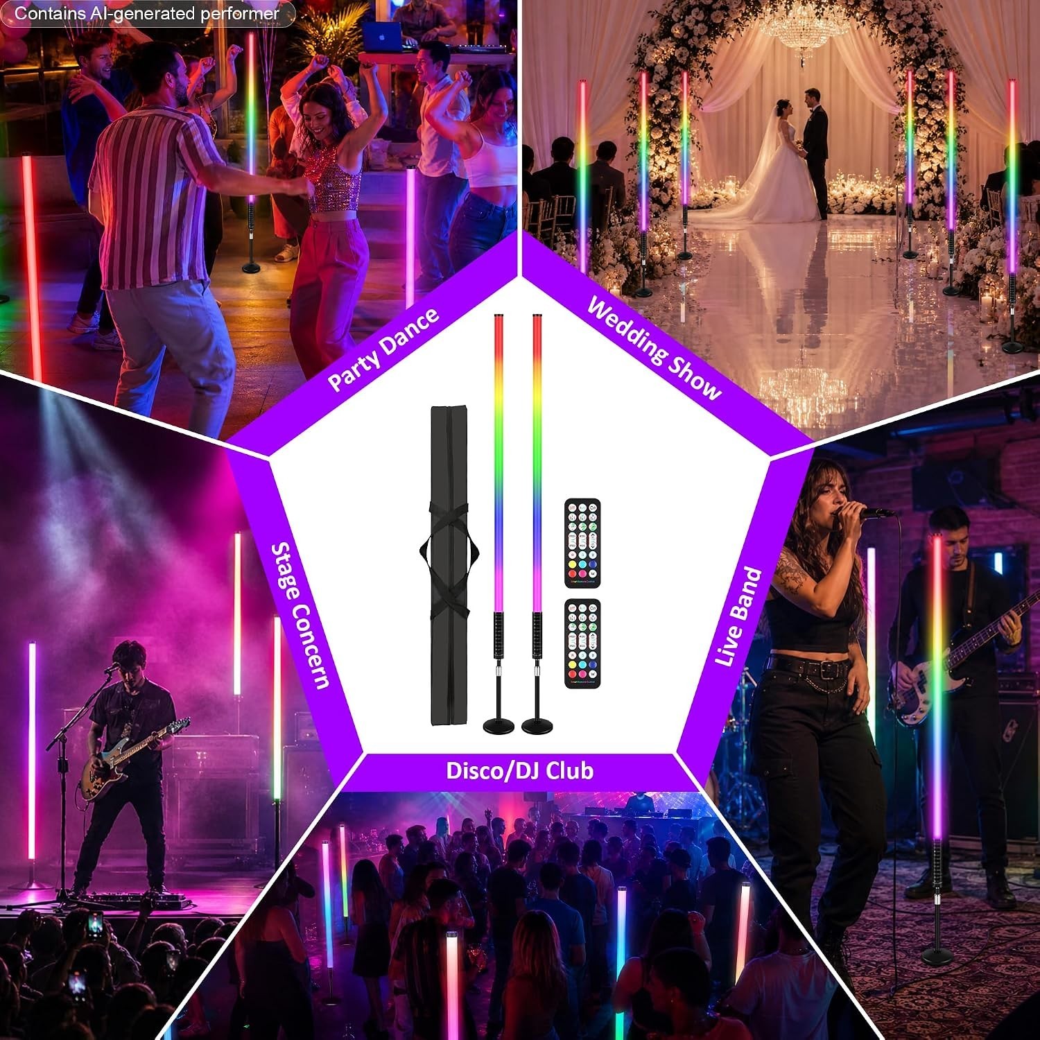 DJ Tube Lights Bar,2Pack 4ft RGBW 4IN1 LED Stage Tube Light Bar with Stand&Ca…