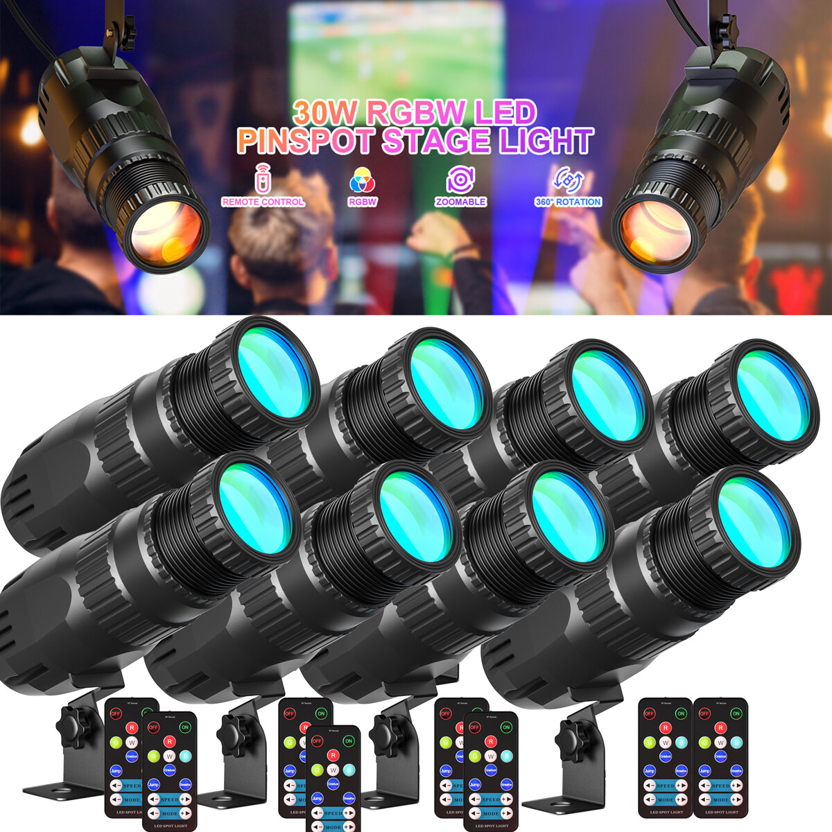 8Pack U`King RGBW 30W Pinspot Light Stage Lighting DJ SHOW Spotlight Manual Zoom