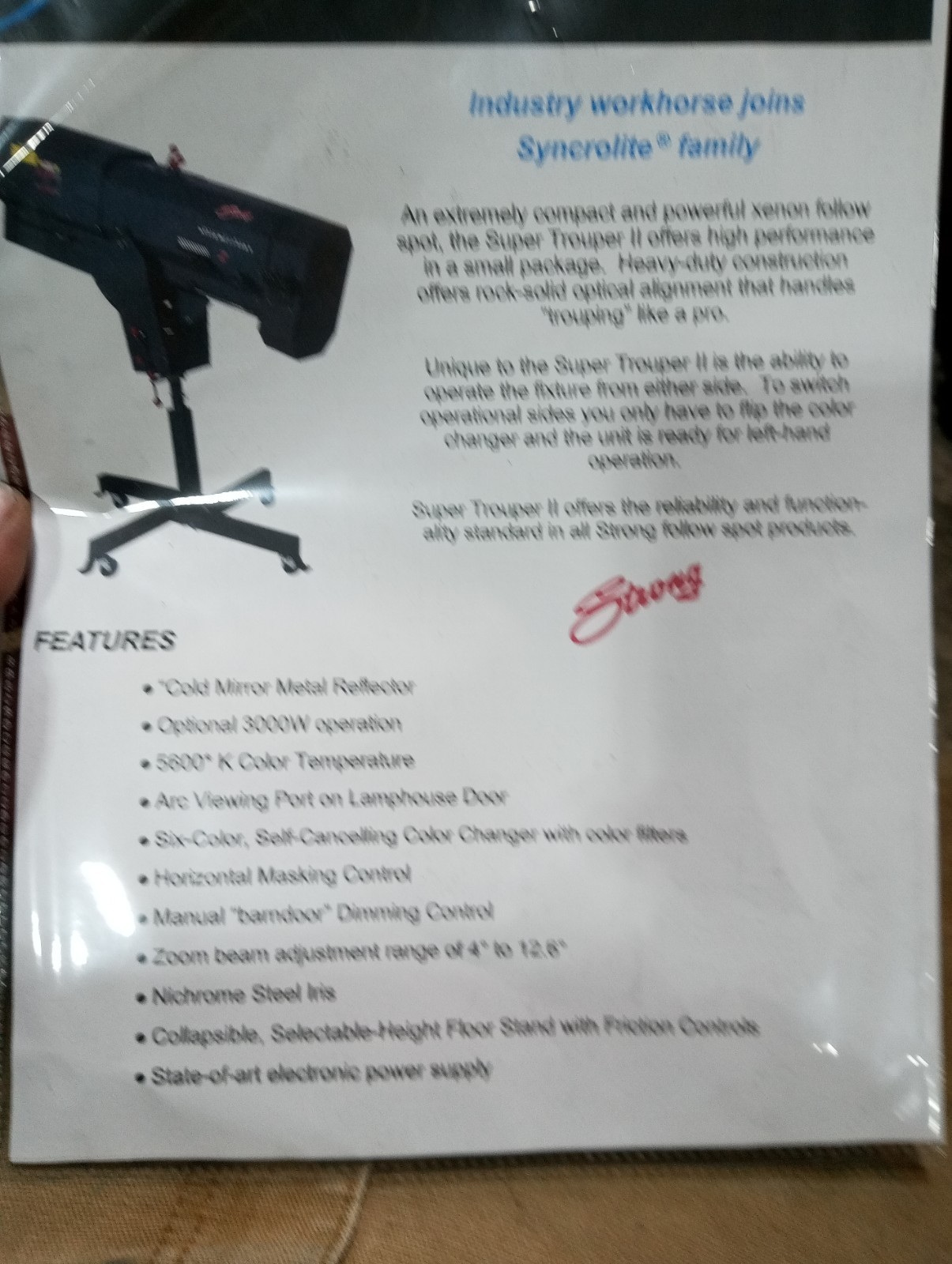 Strong Sycrolite Super Trouper 2 Follow Spot Light, Power Supply, stand, cover
