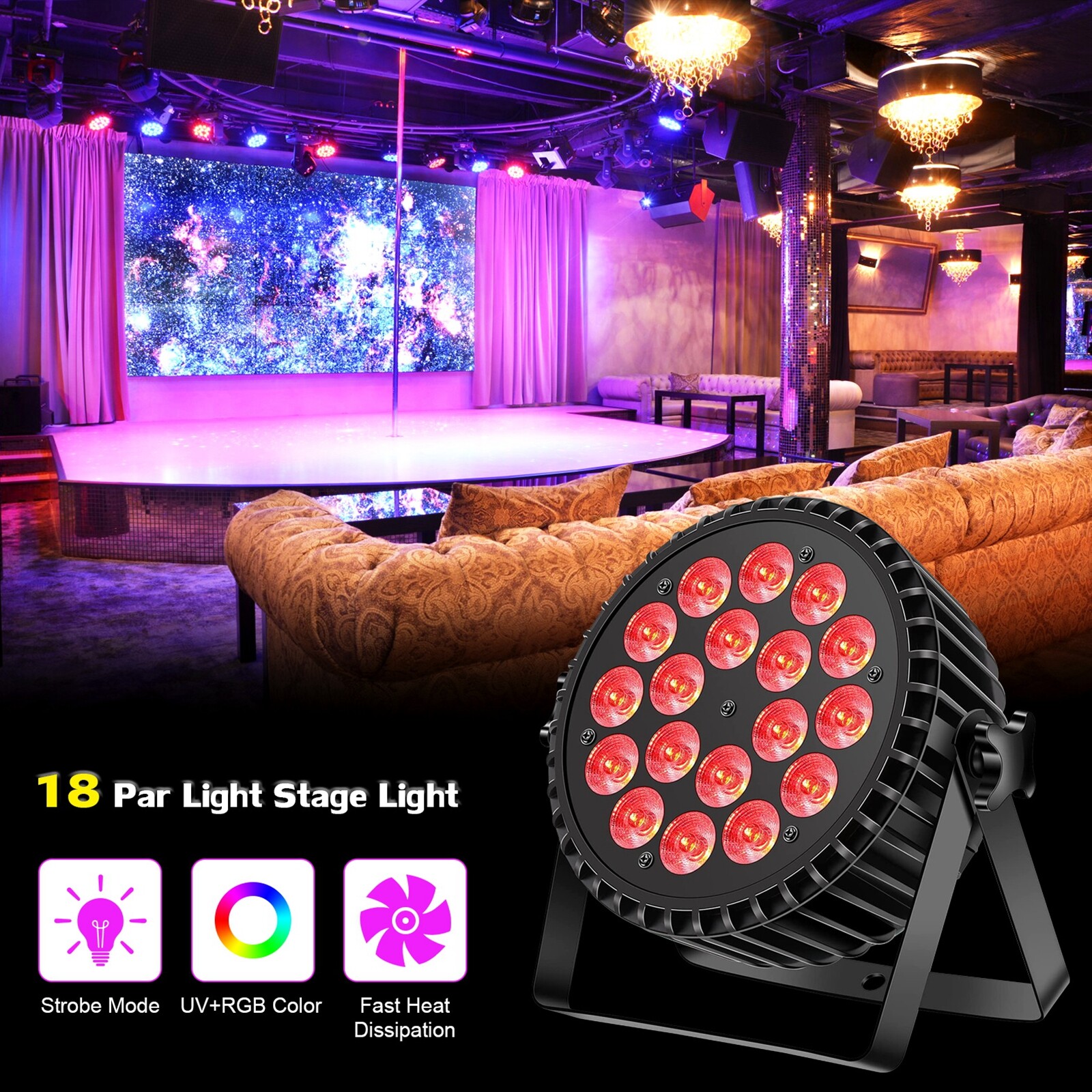 270W 18LED Par Light Stage Lighting RGB UV DMX DJ Disco Party Lights Fan cooling