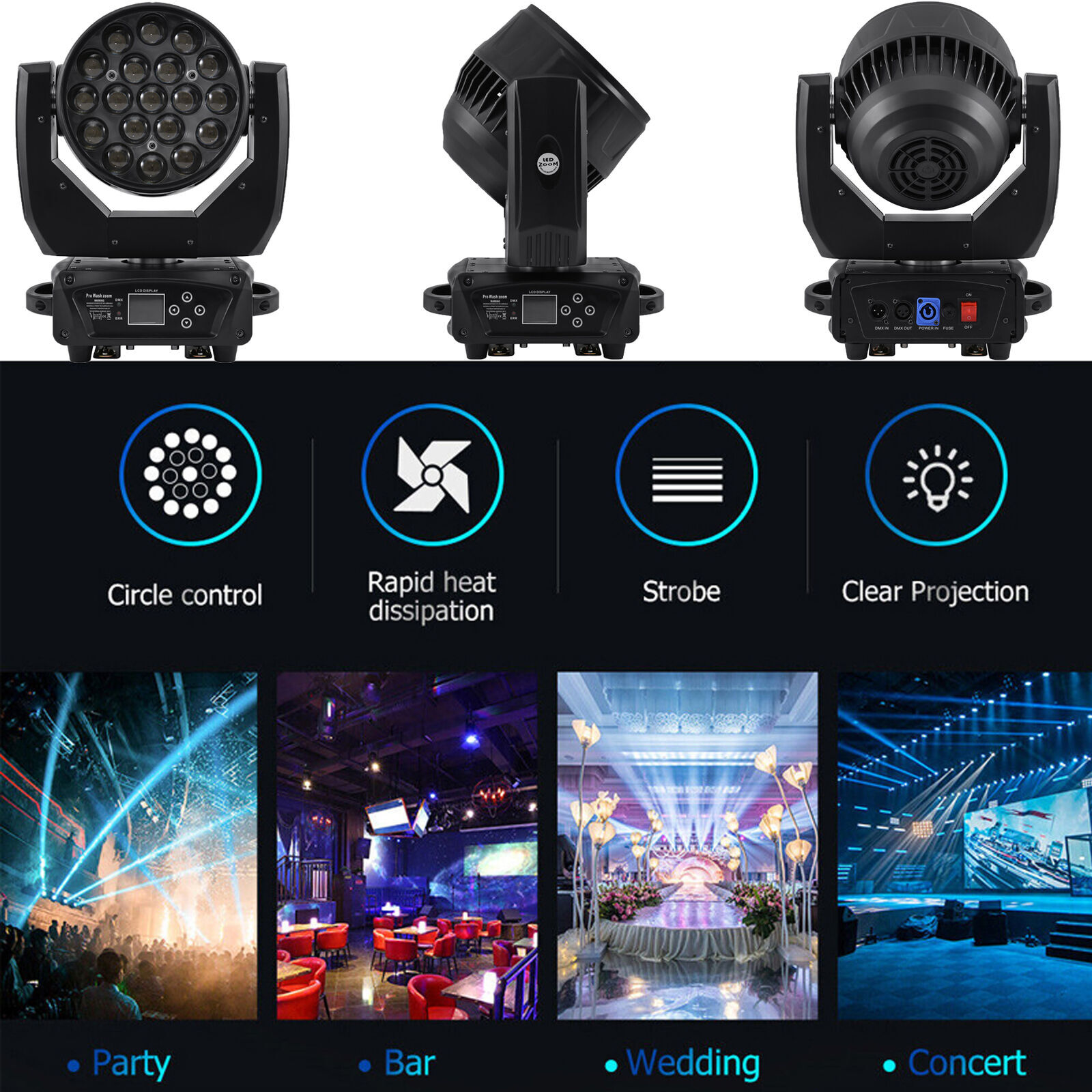 19x20W LED Moving Head Light RGBW Zoom Beam Stage Wash Lighting Party DJ Show