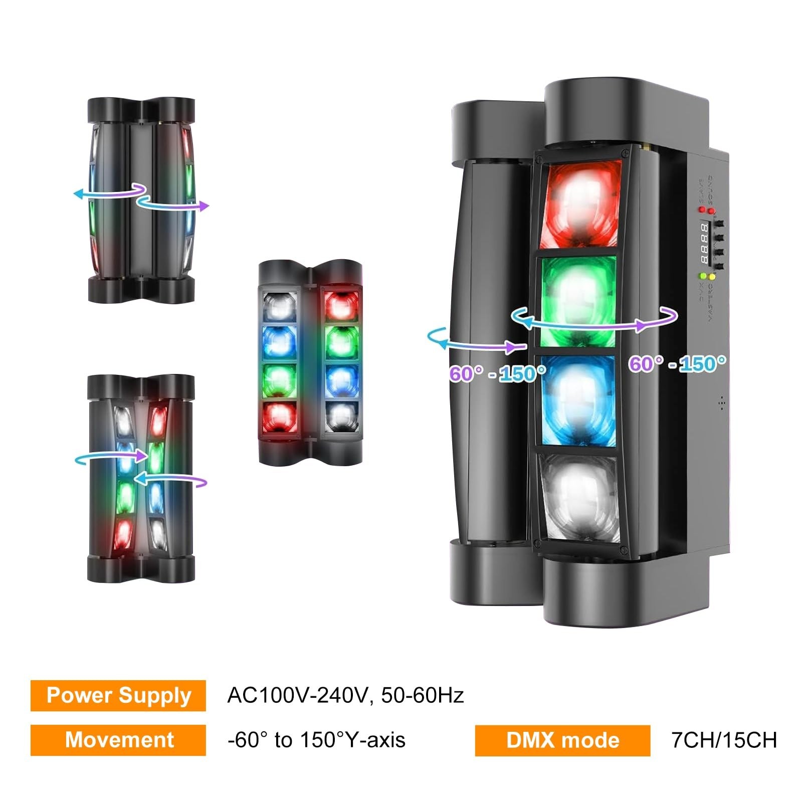 8x 3W RGBW Spider LED DJ Lights, 540° Moving Head, DMX Sound Activated Party Lig