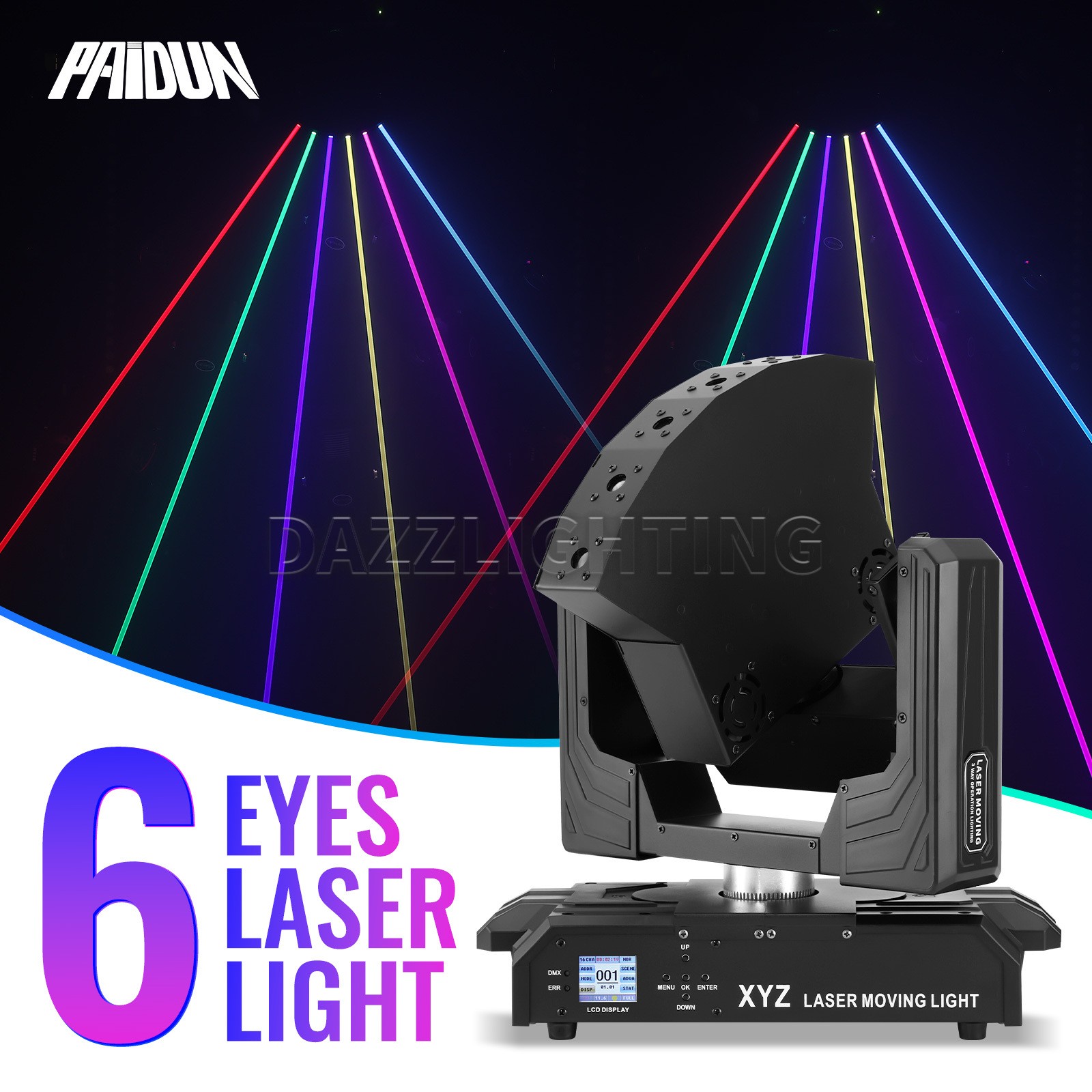 PAIDUN 6 Eyes Laser XYZ Axis Moving Head Light DMX Music Control Disco Bar Event