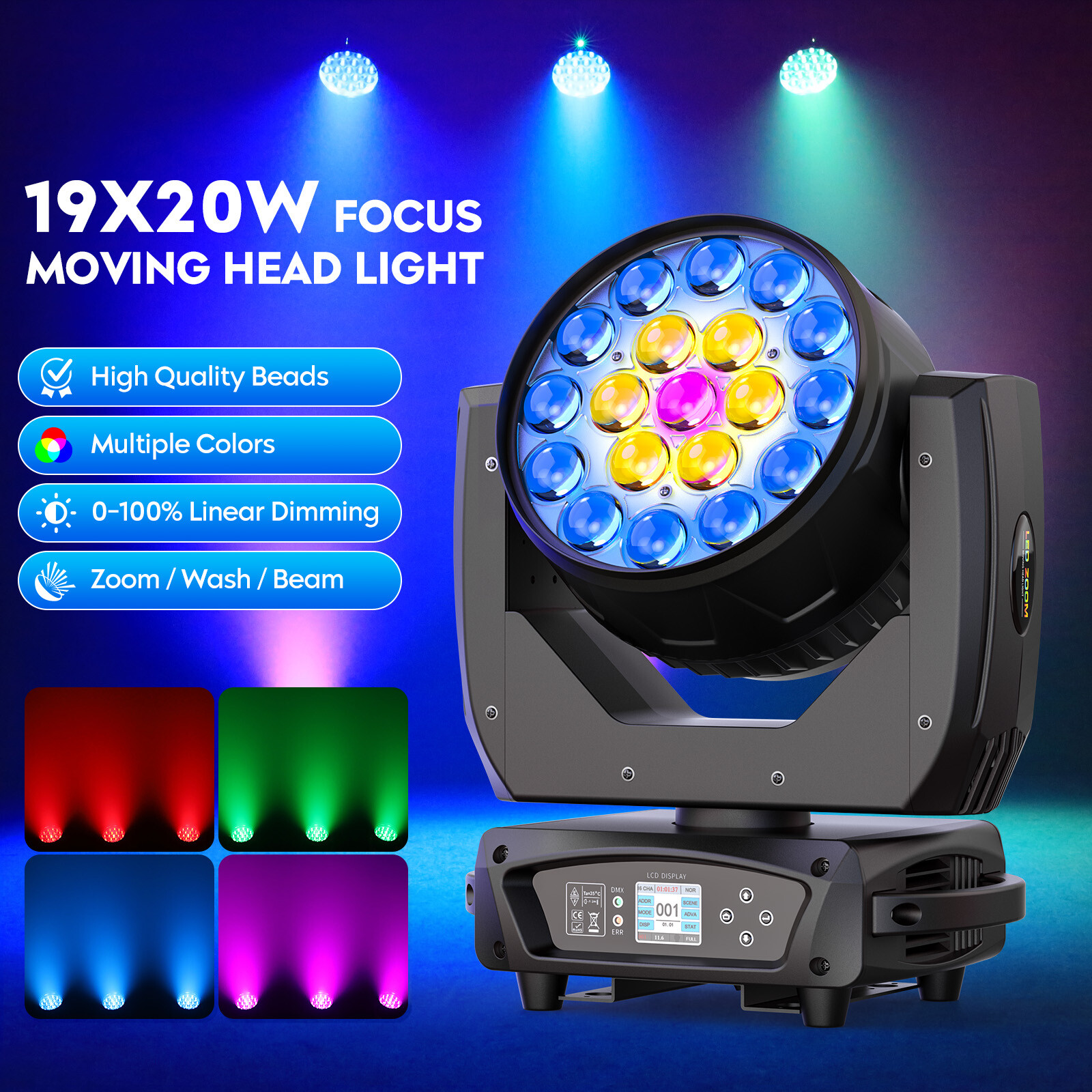 4PCS 380W LED Zoom Moving Head Stage Light RGBW DMX Beam Wash Lighting w/Case