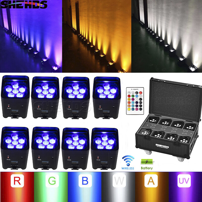 8Pcs LED Uplighting 6x18W RGBAWUV Wireless Battery Control With Recharge case