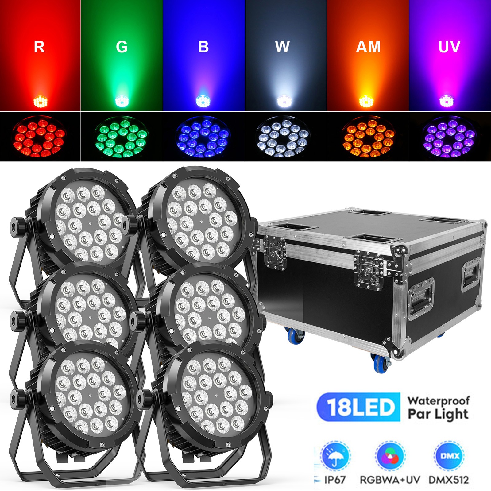 6PCS Waterproof LED Par Light 18x15W RGBWA+UV Outdoor Stage Lights DJ w/Case