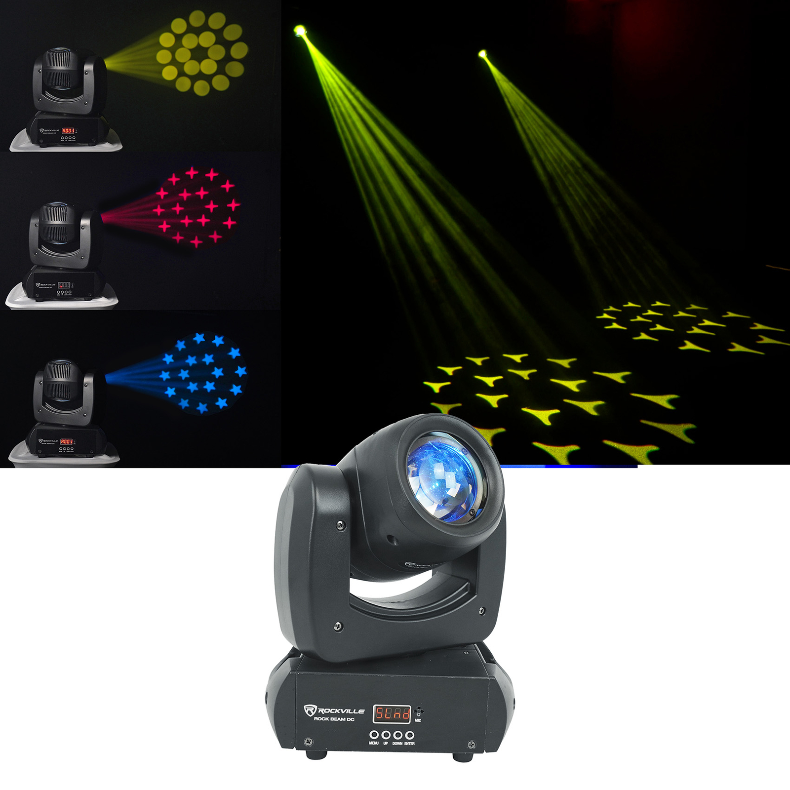 2) Rockville Rock Beam DC DJ Club Stage Pro Moving Head Lights 8 Gobos+18 Prisms