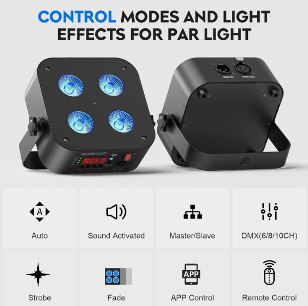 4 Pack Mini Rechargeable Wireless APP 6 in 1 RGBAW UV Stage Lights DMX In Out