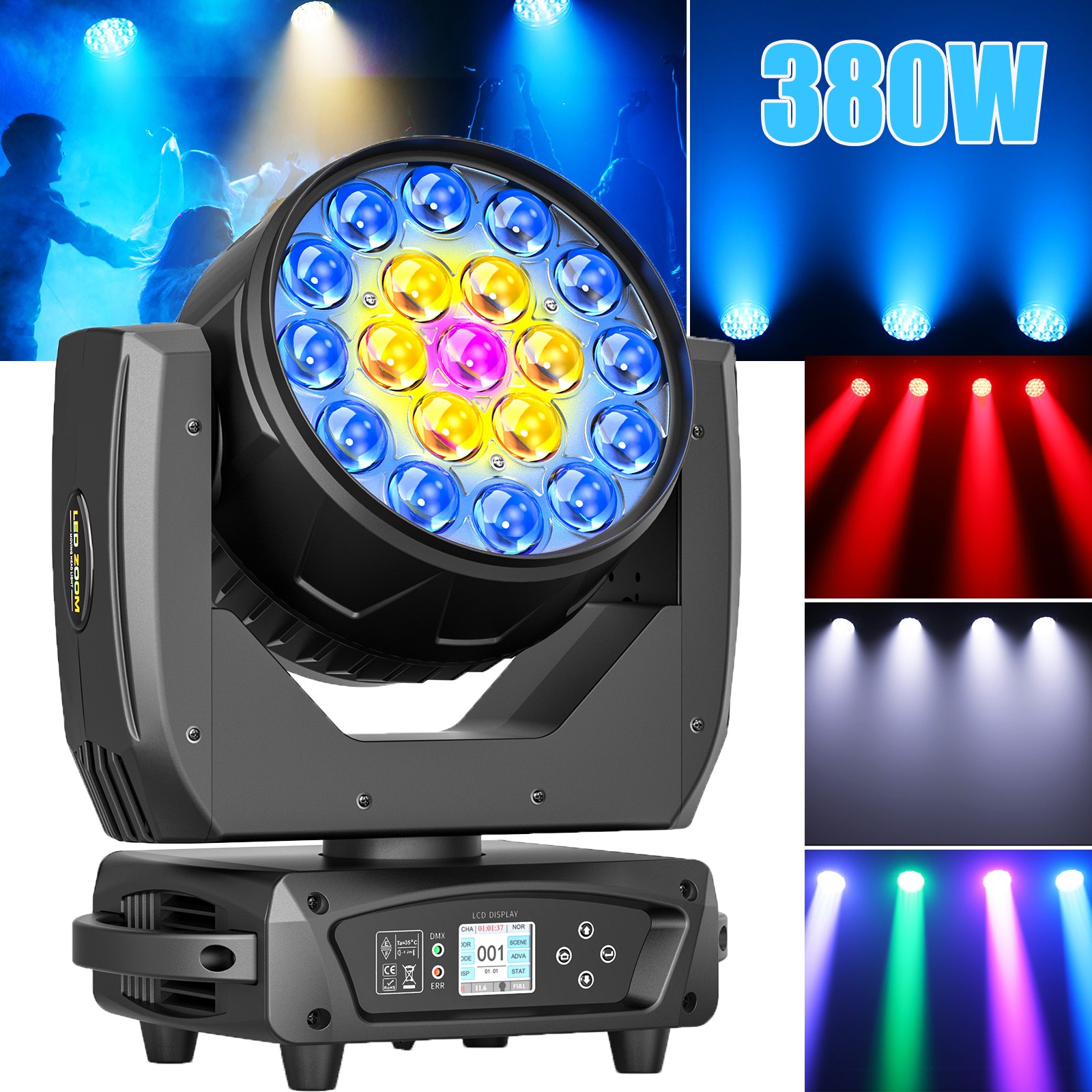 19x20W Moving Head Lights RGBW 4-in-1 LED Stage Light with Zoom Beam Wash Effect