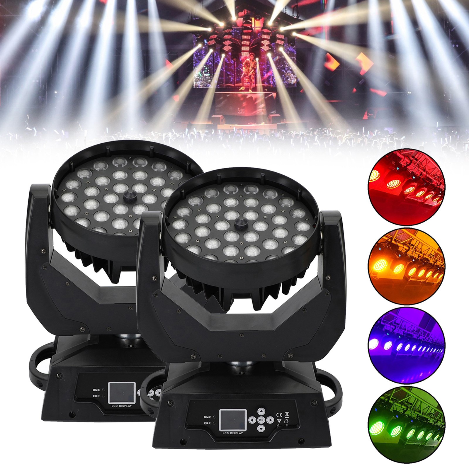 🙌2Pcs 36 x 10W RGBW 4in1 LED Zoom Moving Head 360W Wash Stage Light DMX 15CH