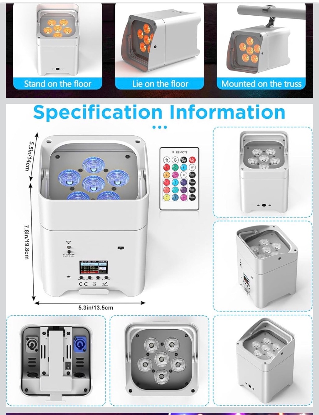 Battery Powered Stage Lights, 9600Mah Rechargeable Par Can Lights 6X18W RGBWA+UV