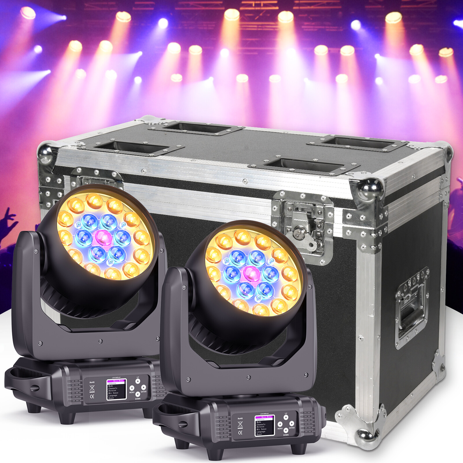 19x15W LED Zoom Moving Head Stage Light RGBW DMX Beam Disco Bar with Flight Case