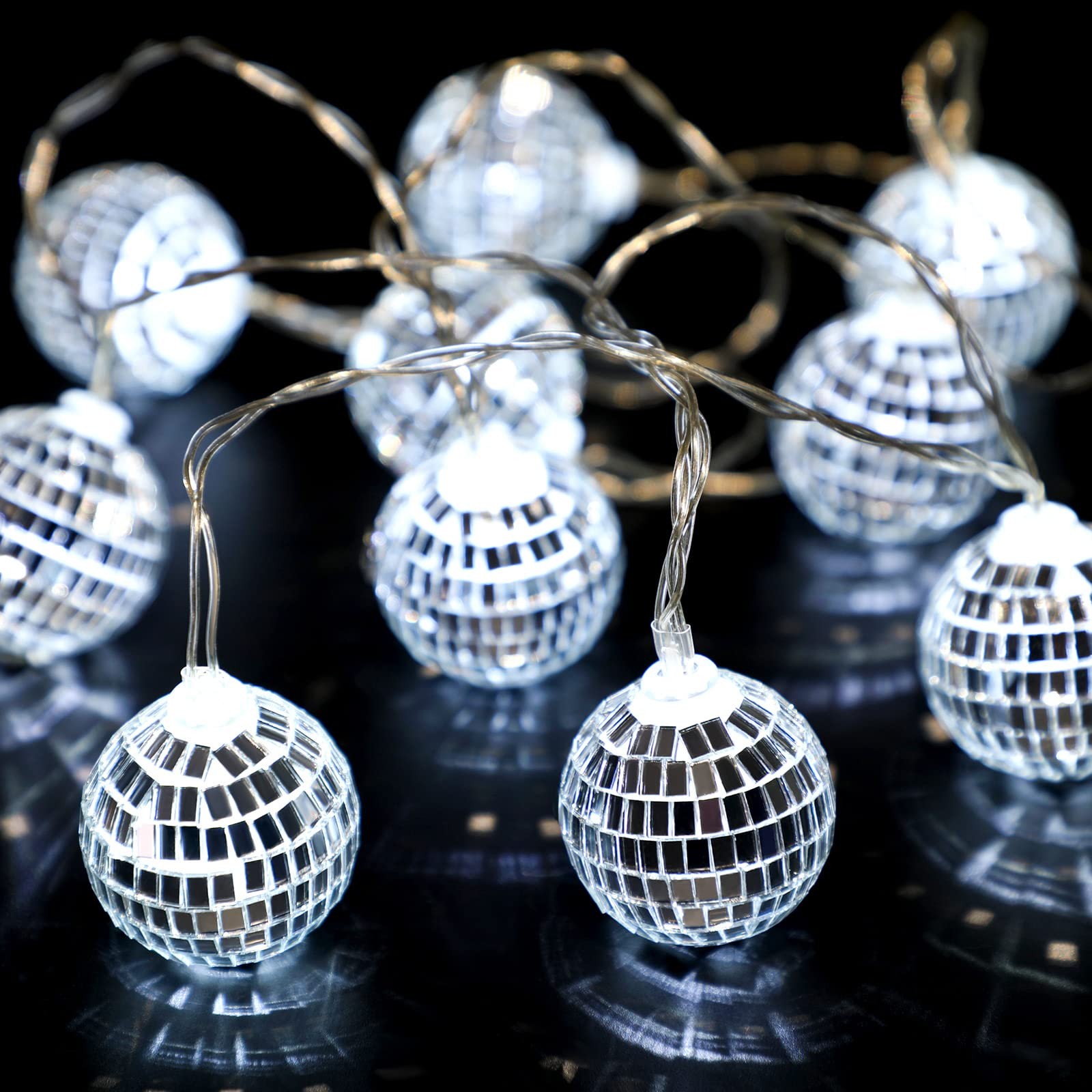 10 PCS Silver 2 LED Disco Ball String Light, Battery Powered, 70s 80s Party