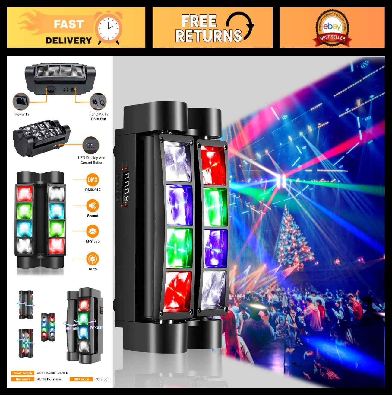 8x 3W RGBW Spider LED DJ Lights, 540° Moving Head, DMX Sound Activated Party Lig