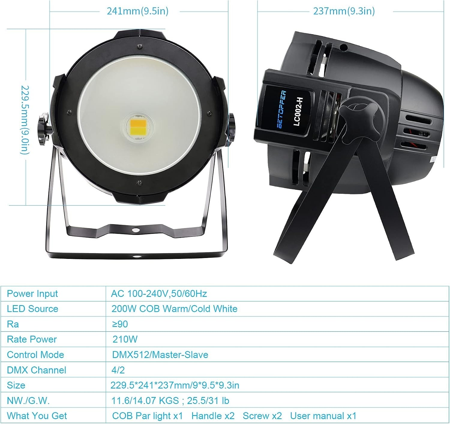 Stage Lights, 200W COB LED Stage Spotlights, Warm & Cold White LED DMX/Master-SL