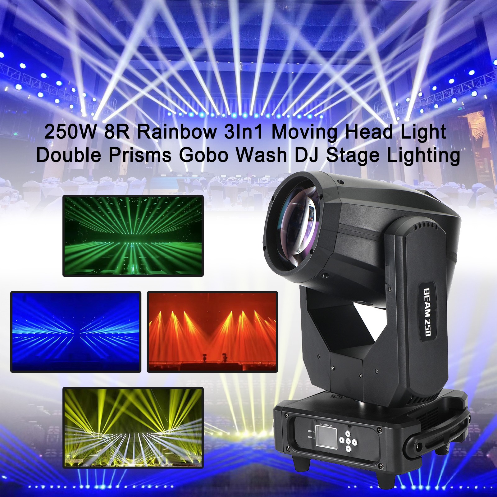 250W 8R Rainbow 3In1 Moving Head Light Double Prisms Gobo Wash DJ Stage Light